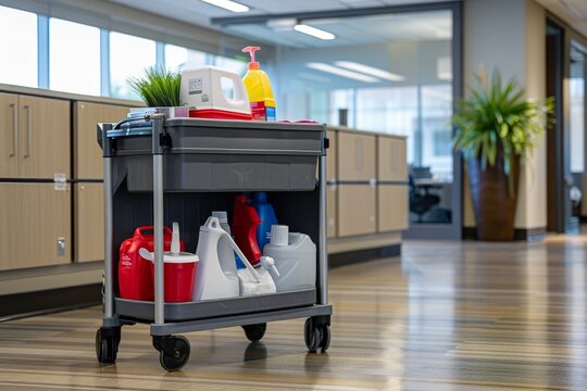 Professional janitorial cart with cleaning supplies in corporate office environment