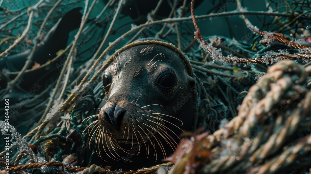 Poster a close-up view of a seal trapped in a fishing net