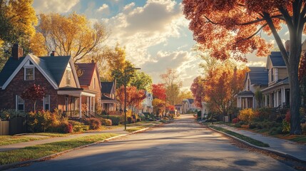 Fototapeta premium A street lined with suburban cottages in an autumn. The generation of AI