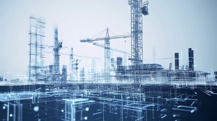 AI-driven autonomous construction site with digital blueprints and smart machinery