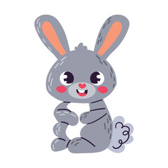 Cute gray furry bunny rabbit isolated on white background. Doodle cartoon Vector illustration. Clipart for children book ,logo web design and banner.