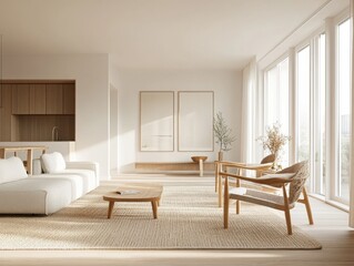 A living room with a white couch, a coffee table, and a vase of flowers