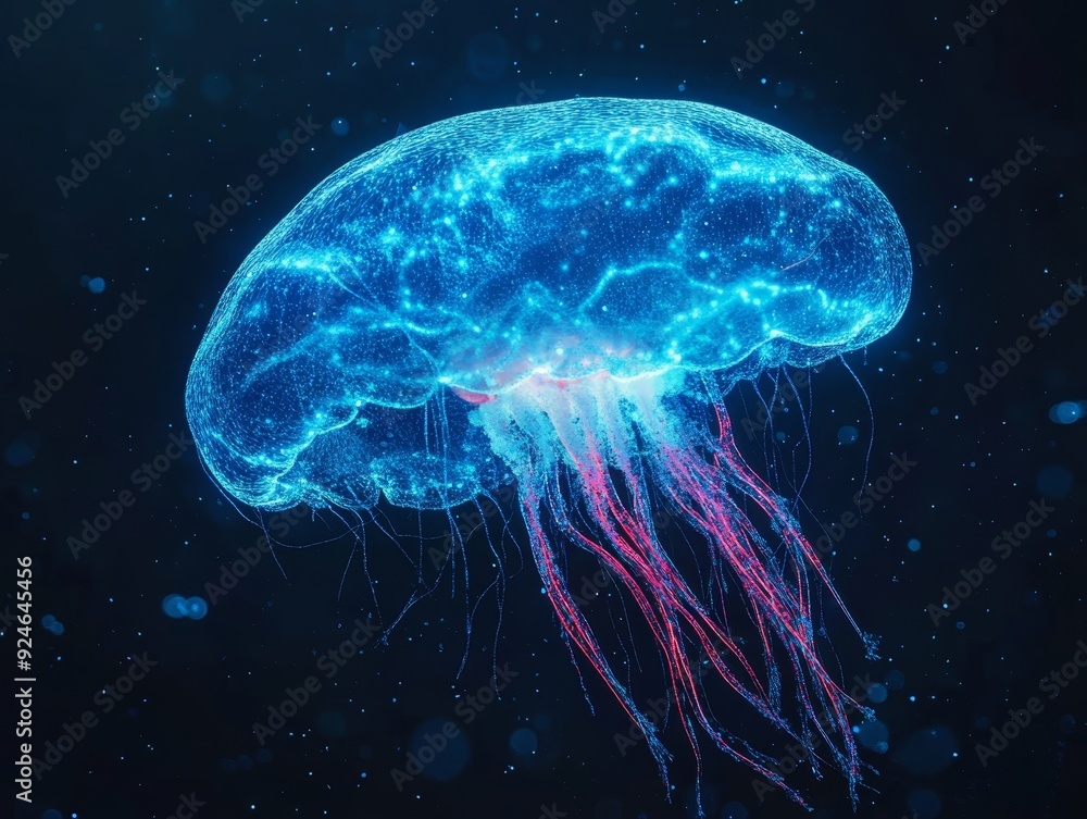 Poster neon blue digital brain jellyfish symbolizing ai in 3d rendering against dark backdrop