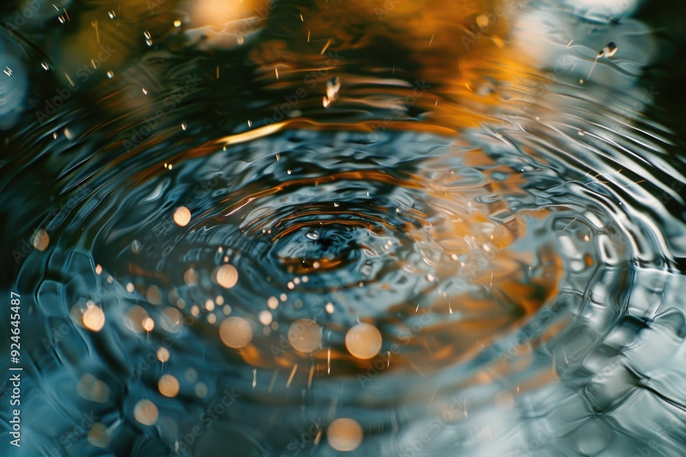 Poster a close-up view of a single water droplet sitting on the surface of a pond