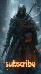 Naklejka premium Epic Medieval Warrior in Snowy Battle Scene with Sword and Hooded Cloak