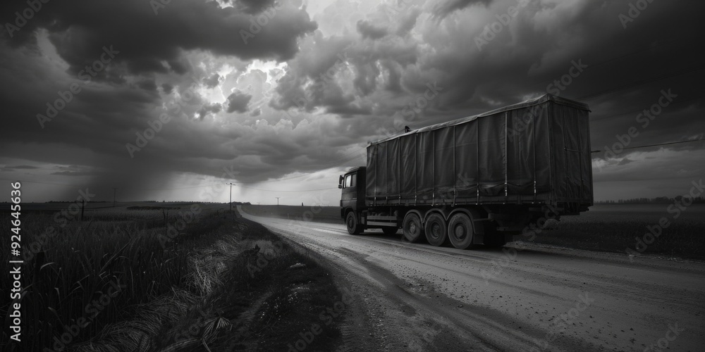 Wall mural A classic pickup truck driving down a rural dirt road, in black and white