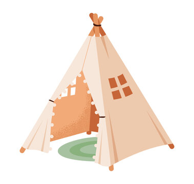 Flat vector illustration of a teepee tent in a modern, minimalist style. Indoor play and nursery decor, cute, coneshaped tent for child