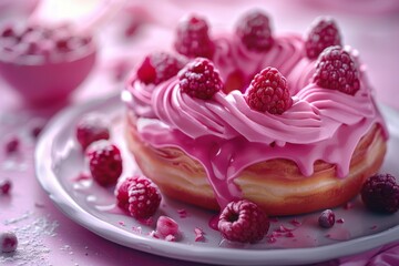 A pink frosted cake topped with raspberries, beautifully presented on a plate.
