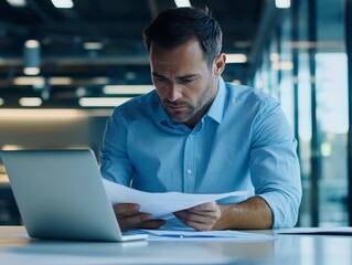 Obraz premium Pensive office worker in blue shirt thinking at desk with open laptop and documents. Modern office environment with bright lights and large windows. Concept of contemplation, problem-solving.