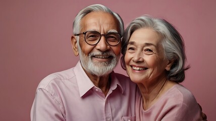 Happy Senior couple With Solid Pink Background, Old Man and Old woman