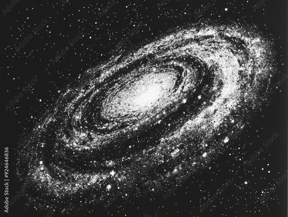 Poster intricate retro stippling style captures spiral galaxy and stars cluster in deep space scene