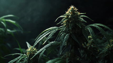 A dense cannabis flower with earthy green tones and amber trichomes, set against a black