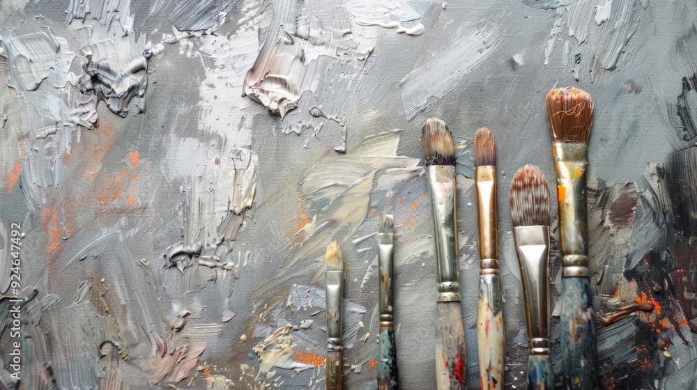 Poster a collection of paintbrushes on a table or surface, often used for art projects and creative pursuit