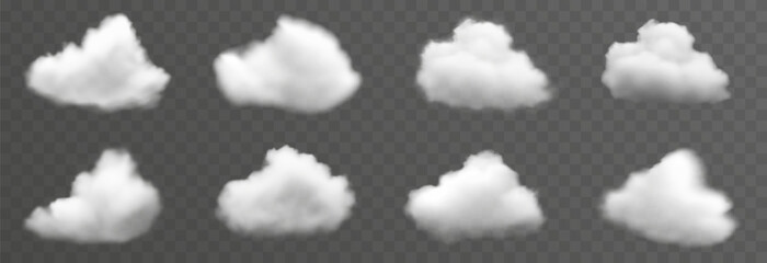 Fototapeta premium Set of vector clouds, fog or smoke on an isolated transparent background. Cloud, smoke, png.