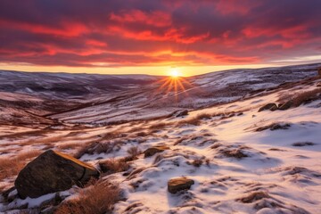 Winter sunrise over snowy landscapes with vibrant skies.