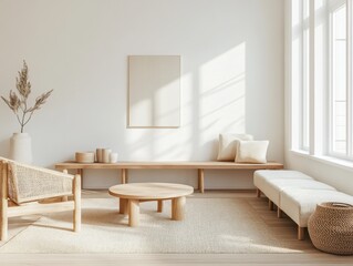 A living room with a white wall and a wooden coffee table
