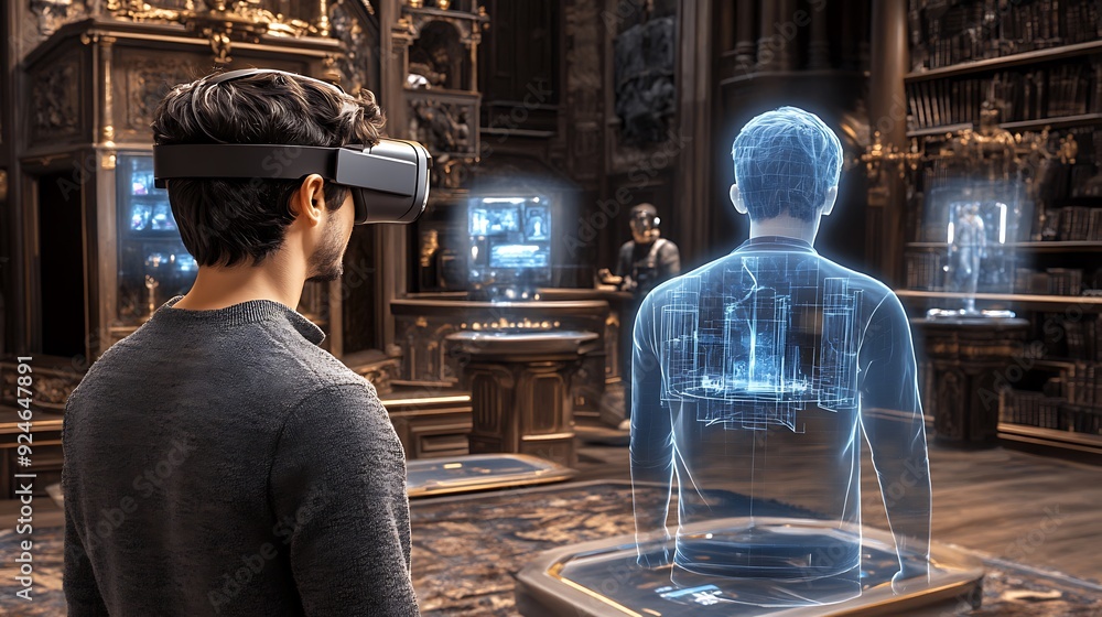 Poster ai-driven virtual reality escape room with interactive puzzles and holographic environments