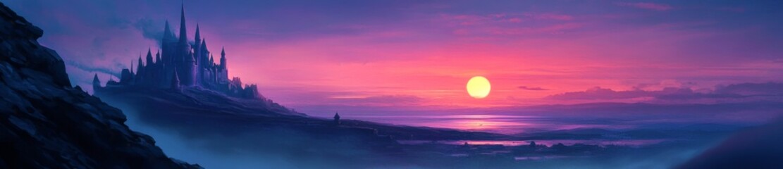 Obraz premium Ethereal Castle at Dusk: A Majestic and Enigmatic Fortress Basking in the Soft Glow of the Setting Sun, Anime-Inspired, storybook illustrations, comic strips, book illustrations and picture books