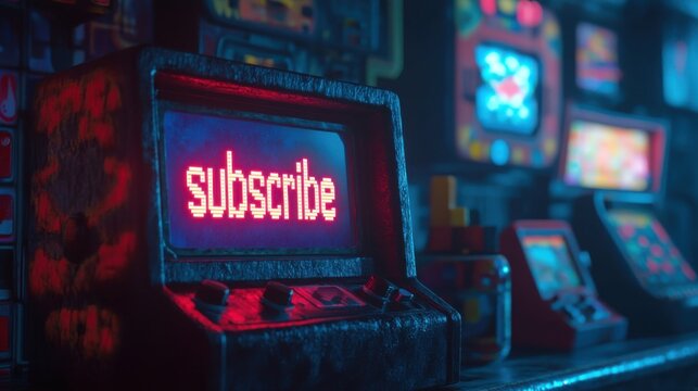 Retro Arcade Machine with Neon Subscribe Sign in Nostalgic Gaming Room
