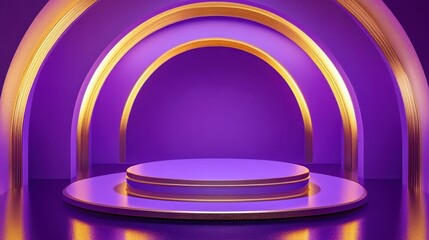 Obraz premium Purple and gold podium with an infinity mirror effect, creating endless reflections, purple and gold podium, infinite luxury concept