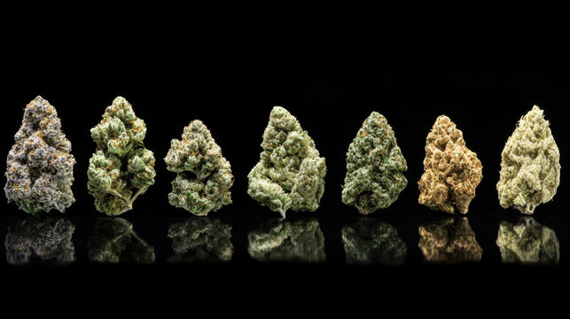 A diverse selection of cannabis nugs, showing off the unique traits of each strain, with soft