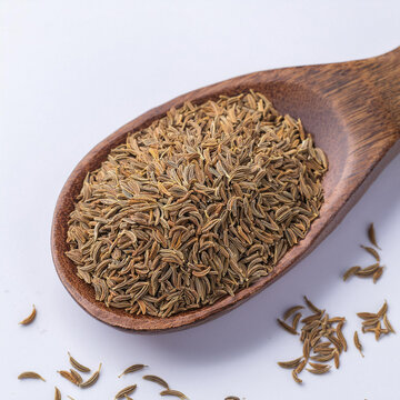 cumin seeds wooden spoon, cumin seeds in bowl on white background. ai generated