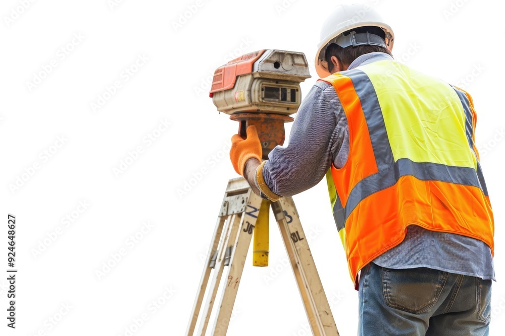 Poster A construction worker uses a tripod to measure the height of a building