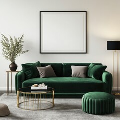 A green couch sits in front of a white wall with a black frame