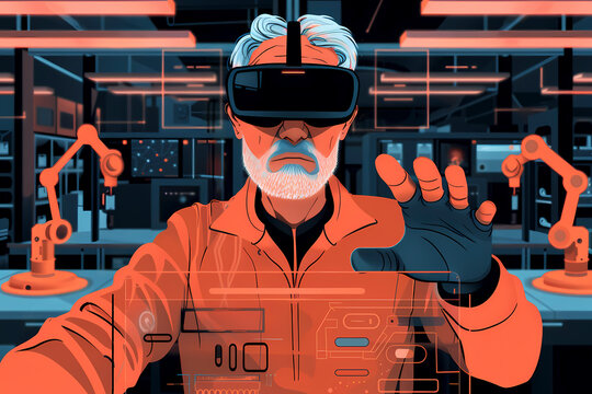 Technician interacting with advanced robotic equipment in a futuristic lab, highlighting high-tech innovations, robotics, and the cutting-edge workspace of the future.