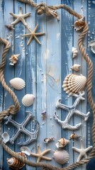Decorative arrangement of seashells and anchors creates a coastal vibe on blue wooden boards