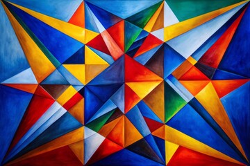 Geometric Abstraction: Sharp angles, primary colors, overlapping shapes, dynamic mood, abstract concept