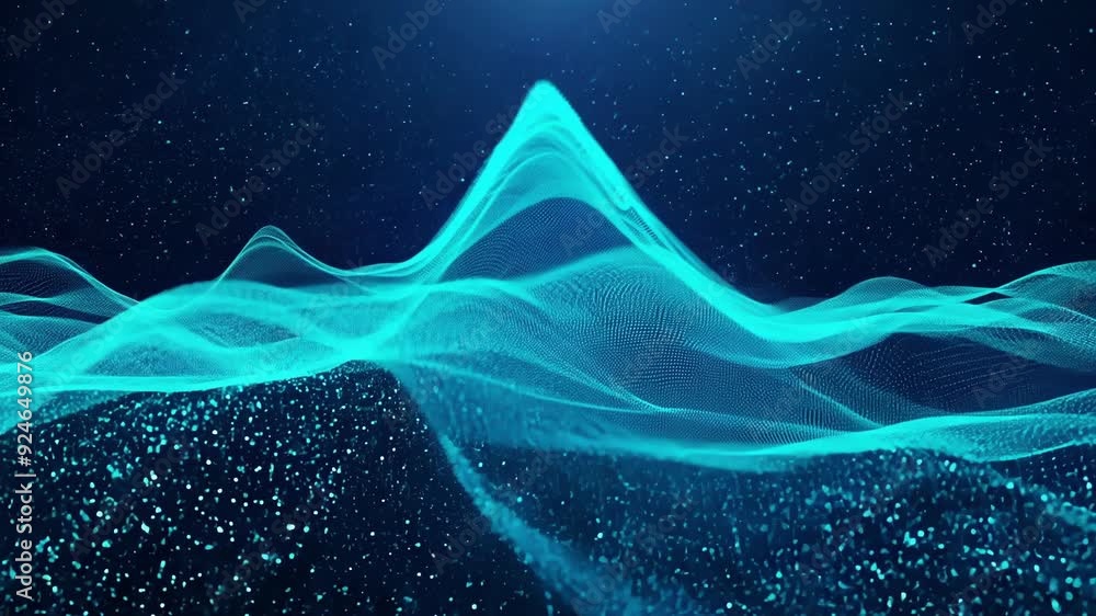 Poster a mesmerizing display of vibrant blue particles creating a pulsing and flowing cyber wave.