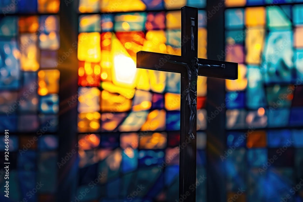 Poster a cross in front of a stained glass window with intricate designs and colors