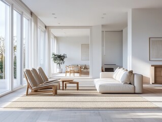 Fototapeta premium A large, open living room with white walls and furniture