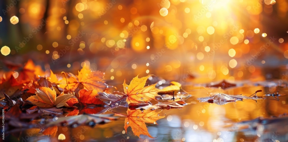 Poster autumn foliage reflected in water with warm sunlight and bokeh effects creating a serene atmosphere