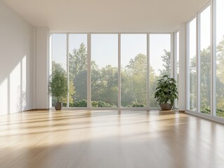 Fototapeta premium A large open room with a view of trees and a potted plant
