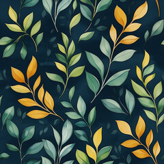 Elegant leafy pattern in shades of green and yellow on a dark teal background, evoking a natural, organic feel. Seamless design ideal for textiles, wallpapers, or eco-friendly products.