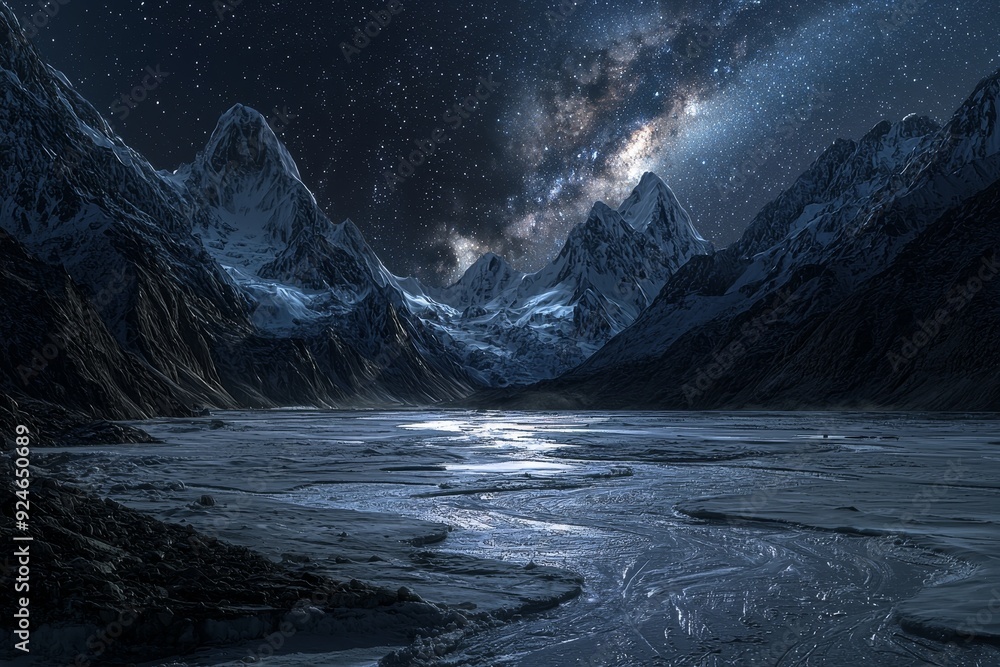 Poster this is a stock image of a surreal fantasy cosmos. there is a nebula with planets and stars in the s