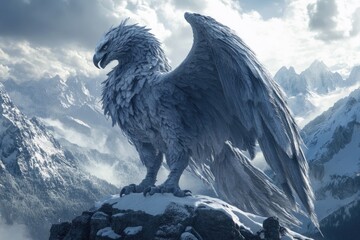 A Frosted Gryphon Perched on a Snowy Mountain Peak