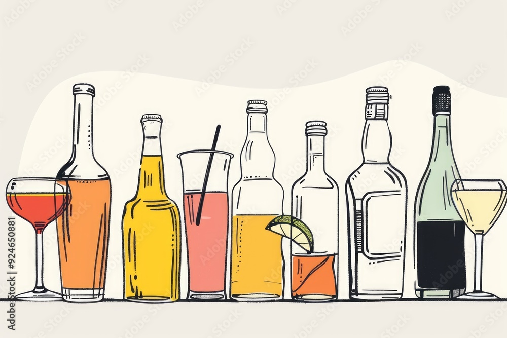 Poster row of bottles and glasses filled with various drinks