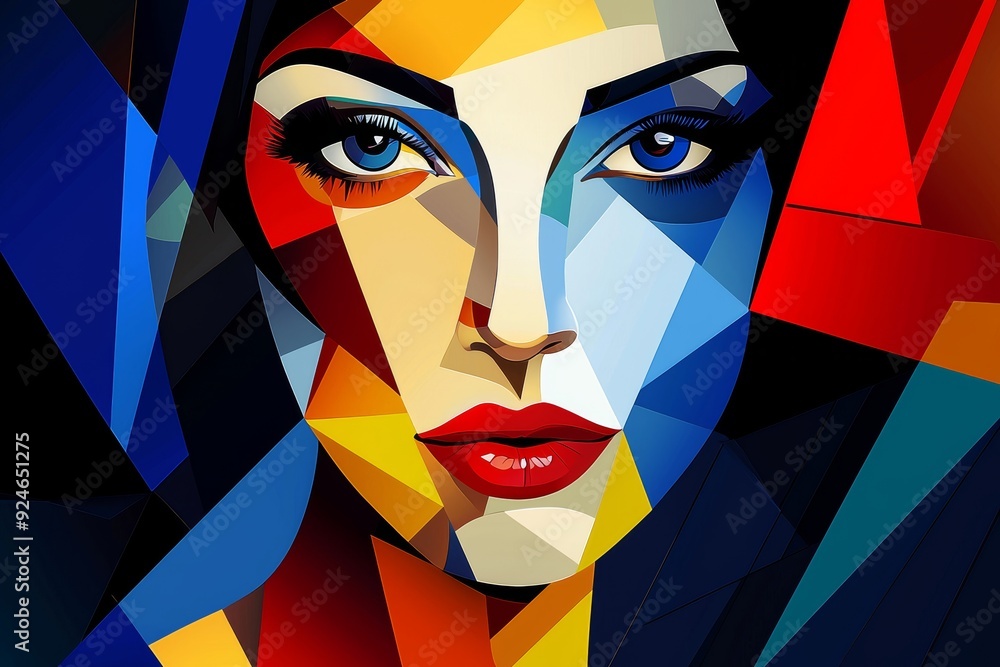 Poster this abstract image of a female face design contrasts the brow liners against different geometrical 