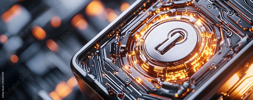 Poster a close-up view of a futuristic lock symbol on a circuit board, representing digital security and te