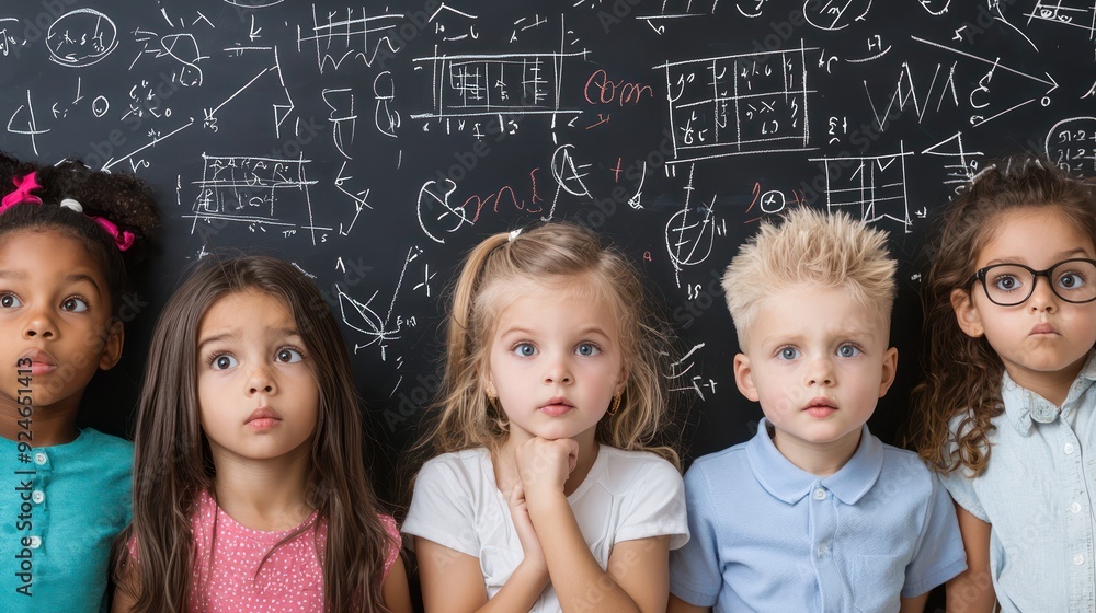 Poster inquisitive children exploring math - curious kids staring at camera with complex equations on black