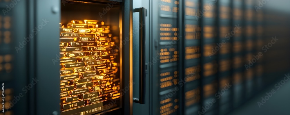 Poster a close-up view of a server room showcasing illuminated data storage units, reflecting modern techno