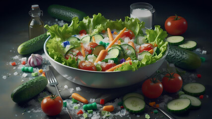 A beautifully created, realistic HD image of a bowl of fresh salad with microplastic contamination.