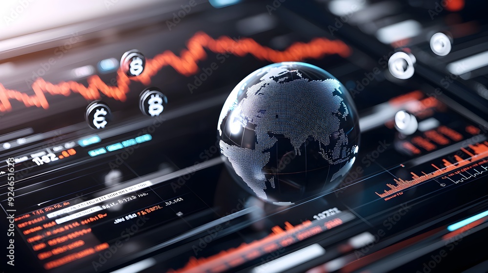 Poster a digital globe surrounded by data graphs and currency symbols represents global finance and technol