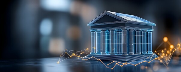 A digital model of a bank building with financial graphs representing economic growth and stability, showcasing modern architecture.