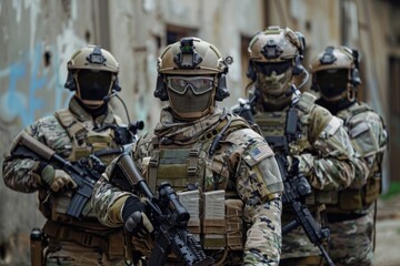 Obraz premium Group of men dressed in camouflage clothing standing side by side, ready for action