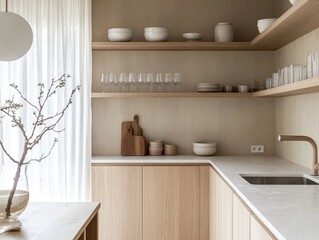 A kitchen with a white countertop and wooden cabinets