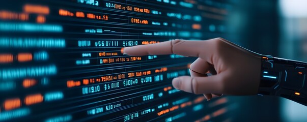 Fototapeta premium A futuristic hand interacting with a glowing digital interface, highlighting advanced technology and data analysis.